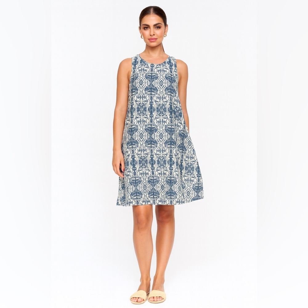 🌿✨ Rachel Zoe 100% Linen Blue Boho Print Sleeveless Dress M ✨🌿
